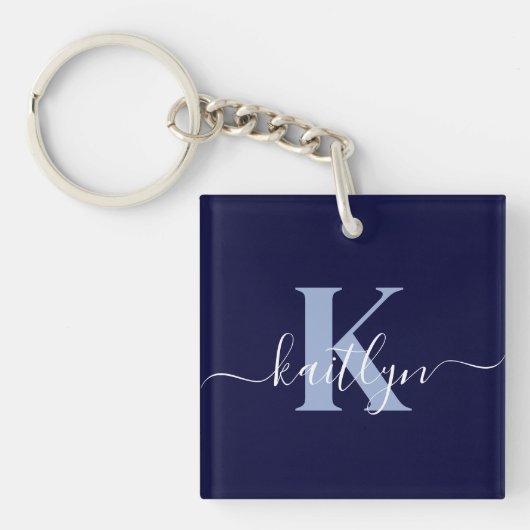 Moderne Navy Blauwe Script Monogram Sleutelhanger (Voorkant)