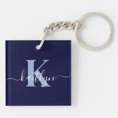 Moderne Navy Blauwe Script Monogram Sleutelhanger (Achterkant)