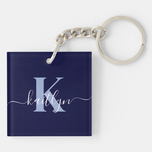 Moderne Navy Blauwe Script Monogram Sleutelhanger (Achterkant)