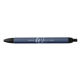 Moderne Navy Blauwe Script Monogram Zwarte Inkt Pen