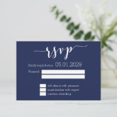 Moderne Navy Blauwe Script Trouw RSVP Kaart (Staand voorkant)