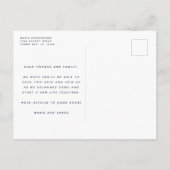 Moderne Navy Blauwe Strand Bruiloft Save the Date Aankondigingskaart (Achterkant)