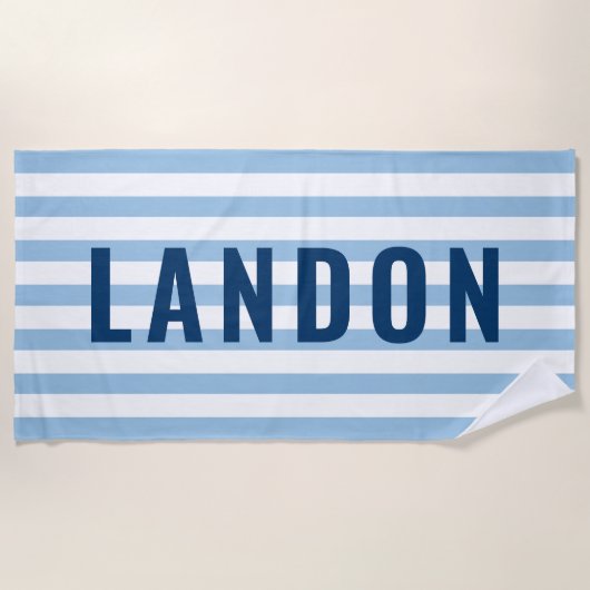 Moderne Navy Blauwe Streep Monogram Naam Strandlaken (Voorkant)