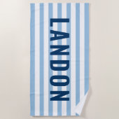 Moderne Navy Blauwe Streep Monogram Naam Strandlaken (Voorkant)