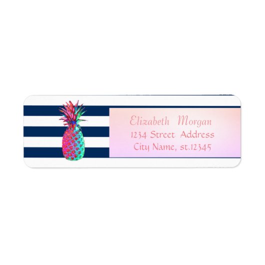 Moderne Navy Blauwe Strepen ,Ananas Etiket (Voorkant)