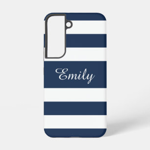 Moderne Navy Blauwe Strepen Naam Samsung Galaxy Hoesje