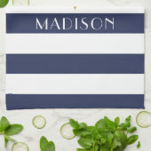 Moderne Navy Blauwe Strepen Naam Theedoek (Gevouwen)