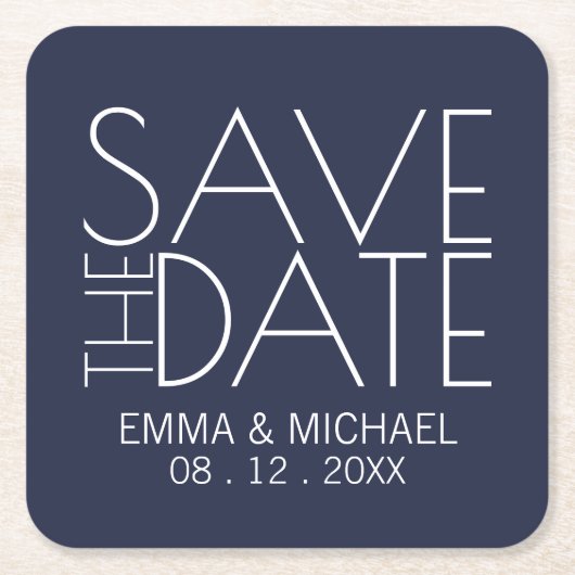 Moderne Navy Blauwe Trouw Save the Date Kartonnen Onderzetters (Voorkant)