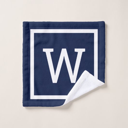 Moderne Navy Blauwe Vierkante Rand Monogram Bad Handdoek (Wasdoekje)