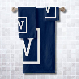 Moderne Navy Blauwe Vierkante Rand Monogram Bad Handdoek