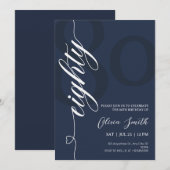 Moderne Navy Blauwe & Witte 80ste Verjaardagsfeest Kaart (Voorkant / Achterkant)