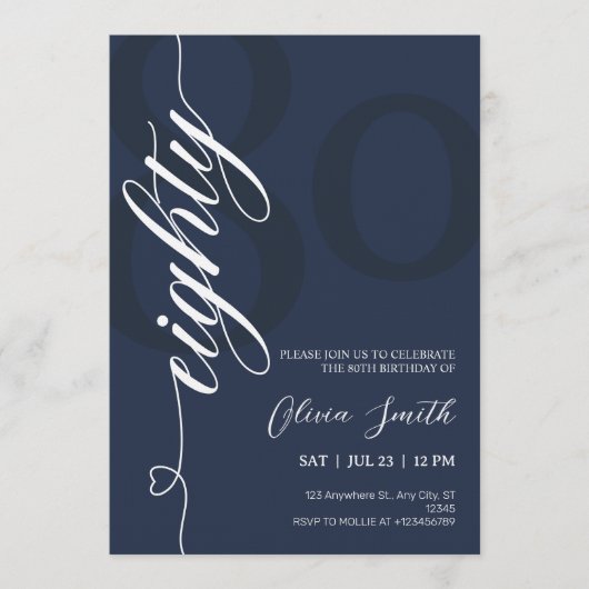 Moderne Navy Blauwe & Witte 80ste Verjaardagsfeest Kaart (Voorkant)