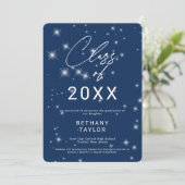 Moderne Navy Blauwe & Witte Glitter Afstudeeruitre Aankondiging (Staand voorkant)