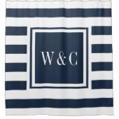 Moderne Navy Blauwe Witte Streep Trendy Monogram Douchegordijn (Voorkant)