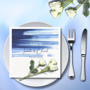 Moderne Navy Blauwe & Witte Waterverf Trouwdag Servet