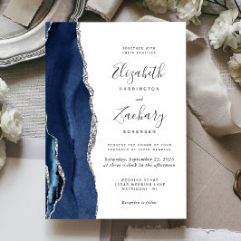 Moderne Navy Blauwe Zilveren Agate Huwelijk Kaart