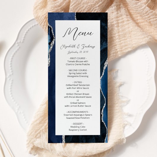 Moderne Navy Blauwe Zilveren Agate Huwelijk Menu