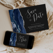 Moderne Navy Blauwe Zilveren Agate Save the Date K