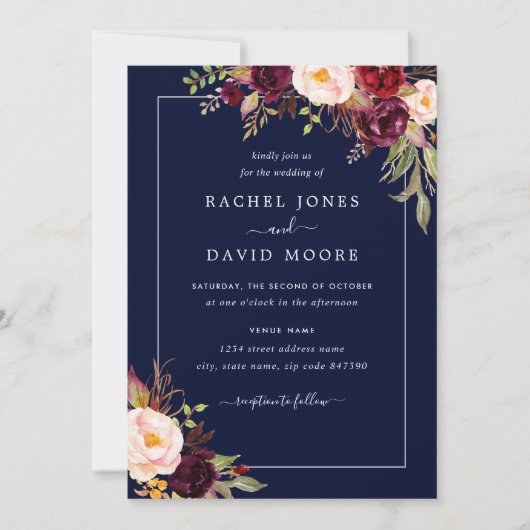 Moderne Navy Bloemen Bruiloftsinvatie Kaart (Voorkant)