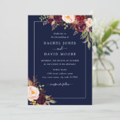 Moderne Navy Bloemen Bruiloftsinvatie Kaart (Staand voorkant)