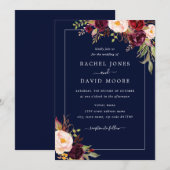 Moderne Navy Bloemen Bruiloftsinvatie Kaart (Voorkant / Achterkant)