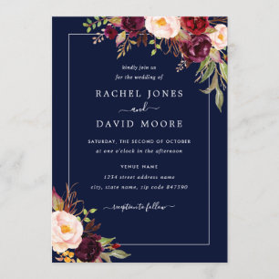 Moderne Navy Bloemen Bruiloftsinvatie Kaart