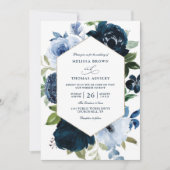Moderne Navy Bloemen Budget QR Code Trouwen Kaart (Voorkant)