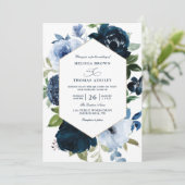 Moderne Navy Bloemen Budget QR Code Trouwen Kaart (Staand voorkant)