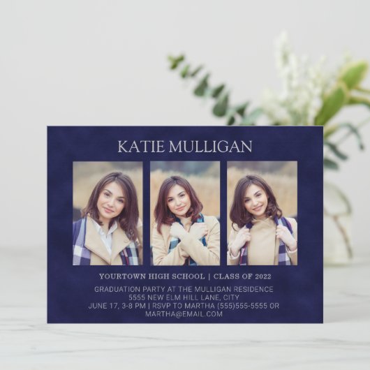 Moderne Navy Blue 4 Foto 2 Side Graduparty Kaart (Staand voorkant)