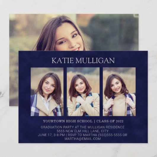 Moderne Navy Blue 4 Foto 2 Side Graduparty Kaart (Voorkant / Achterkant)