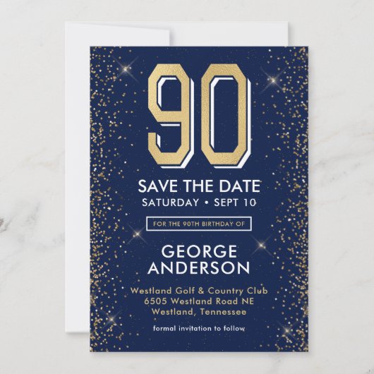 Moderne Navy Blue 90ste verjaardag Save The Date (Voorkant)