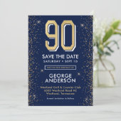 Moderne Navy Blue 90ste verjaardag Save The Date (Staand voorkant)
