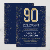 Moderne Navy Blue 90ste verjaardag Save The Date (Voorkant / Achterkant)