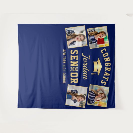 Moderne Navy Blue Afstudeer 4 Fotohokje Achtergron Wandkleed (Voorkant (horizontaal))