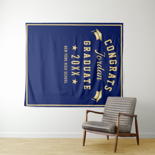 Moderne Navy Blue Afstudeer Foto Booth Achtergrond Wandkleed (In Situ (horizontaal))