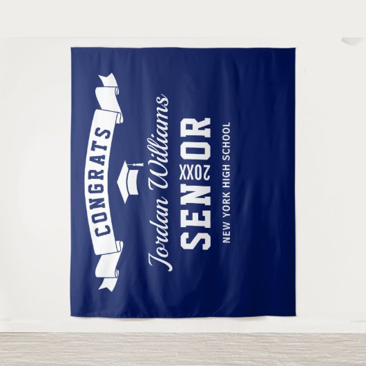 Moderne Navy Blue Afstudeerfoto Booth Achtergrond Wandkleed (Voorkant)