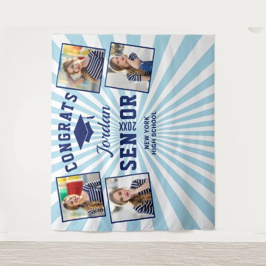 Moderne Navy Blue Afstudeerfoto Booth Achtergrond Wandkleed (Voorkant)