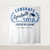 Moderne Navy Blue Afstudeerfoto Booth Achtergrond Wandkleed (Voorkant)