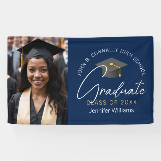 Moderne Navy Blue Afstuderen fotoafstudeerfeest Spandoek (Horizontaal)