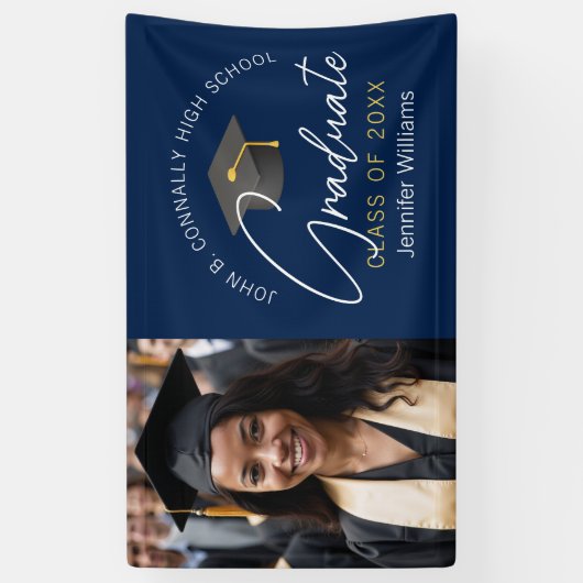 Moderne Navy Blue Afstuderen fotoafstudeerfeest Spandoek (Verticaal)