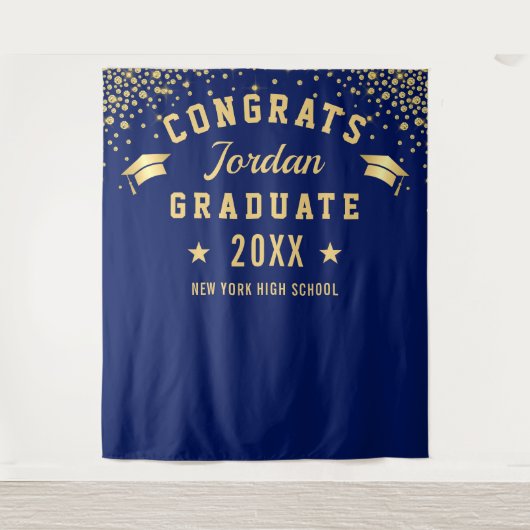 Moderne Navy Blue Afstuderen Photo Booth Backdrop Wandkleed (Voorkant)