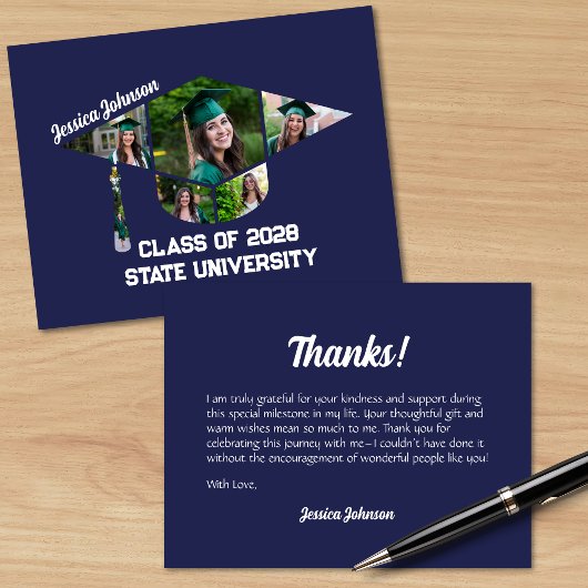 Moderne Navy Blue Afstuderen-vormige fotocollage Bedankkaart