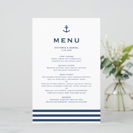 Moderne Navy Blue Anchor Nautical Wedding Menu Car (Staand voorkant)