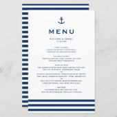 Moderne Navy Blue Anchor Nautical Wedding Menu Car (Voorkant / Achterkant)