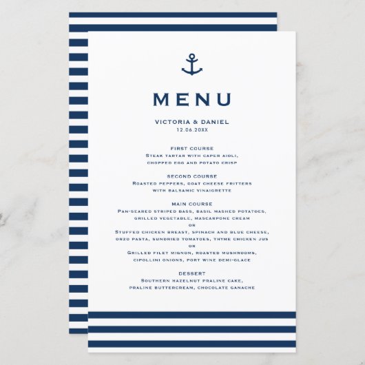 Moderne Navy Blue Anchor Nautical Wedding Menu Car (Voorkant / Achterkant)