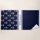 Moderne Navy Blue Anchor Pattern Name Nautical Strandlaken (Voorkant)