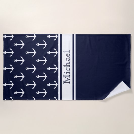 Moderne Navy Blue Anchor Pattern Name Nautical Strandlaken (Voorkant)