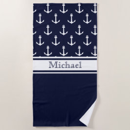 Moderne Navy Blue Anchor Pattern Name Nautical Strandlaken