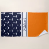 Moderne Navy Blue Anchor Pattern Name Nautical Strandlaken (Voorkant)