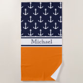 Moderne Navy Blue Anchor Pattern Name Nautical Strandlaken (Voorkant)